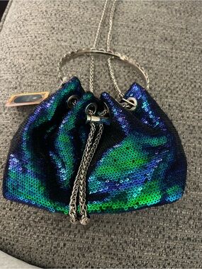 Sequined Drawstring Evening Bag in Blue-Green